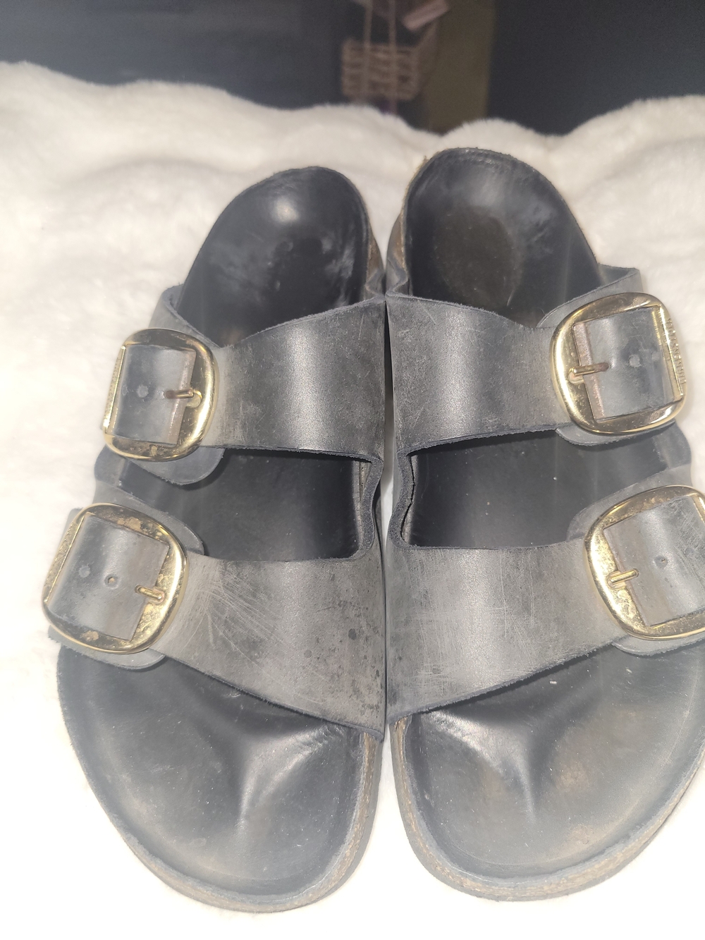 Birkenstock Black Leather Double-Buckle Sandals with Gold Buckles
